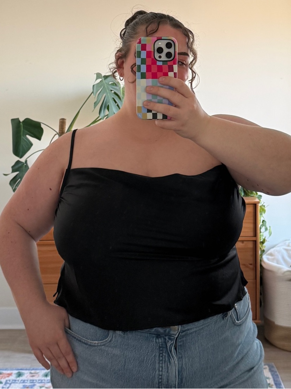 Black Satin Forever21+ Cowl Neck Tank Top